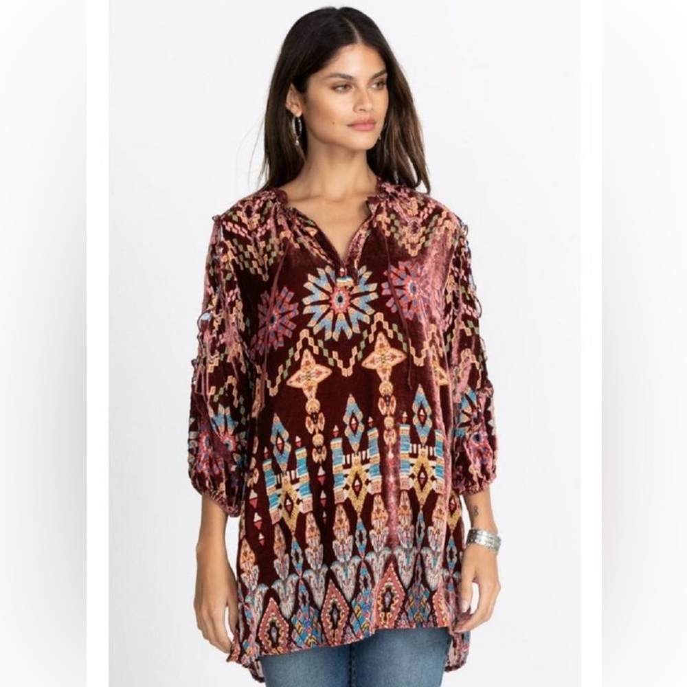 Johnny Was Geo Burnout Mali Tunic Dress Shirt Burgundy Tribal Velvet EUC, size L